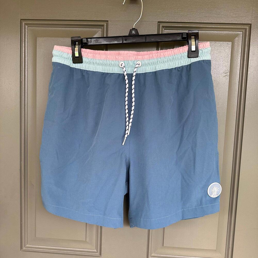 chubbies Blue Swim Trunks with Mint and Pink Waistband